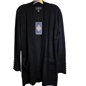 Steven Manor Open Cardigan Sweater Tunic Sz XL Black Knit Pockets